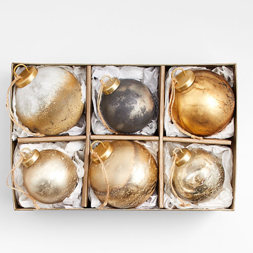 New! Crate&Barrel Metallic Gold Glass Ornament Collection, set of 6